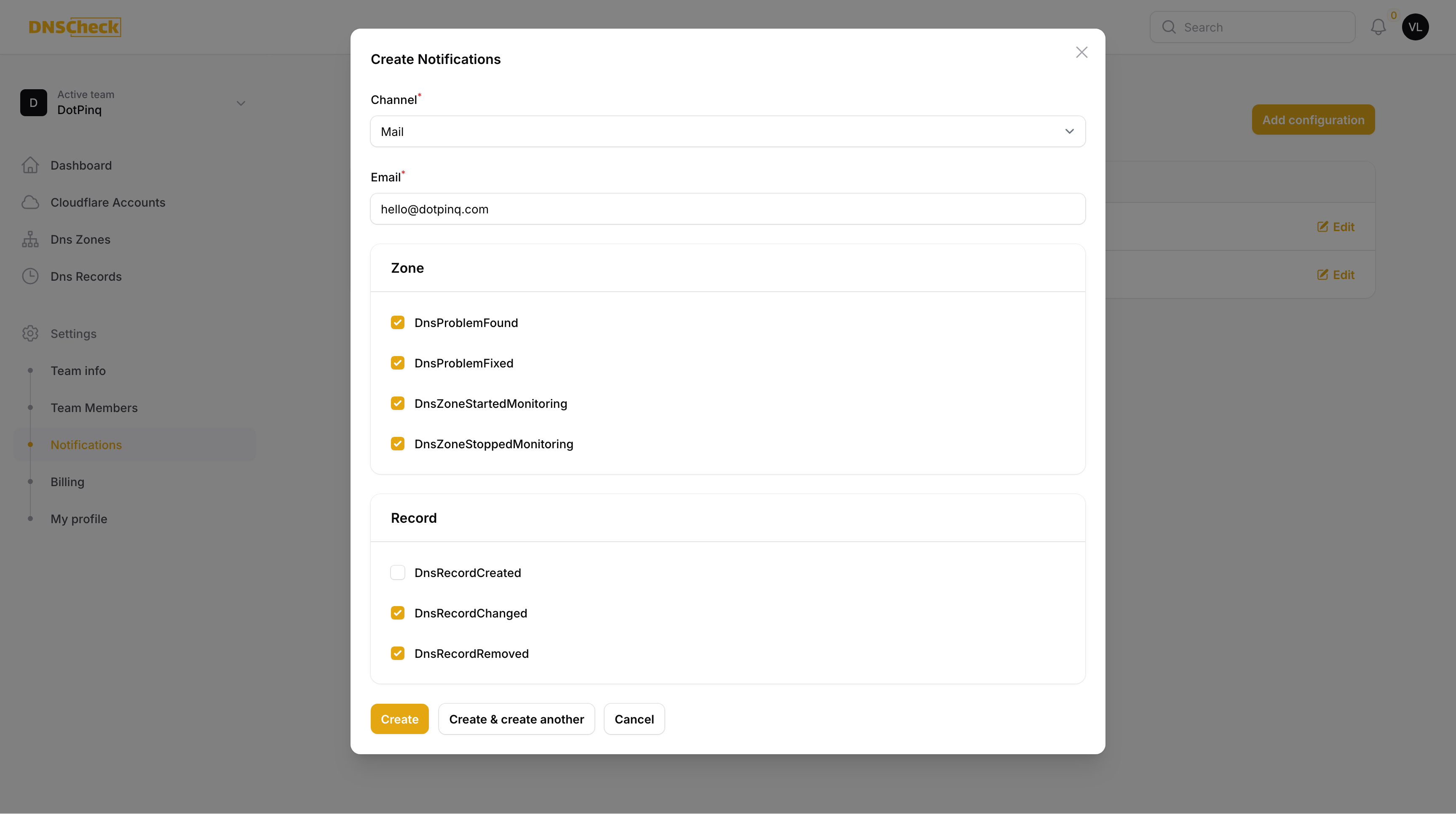 Notification settings configuration